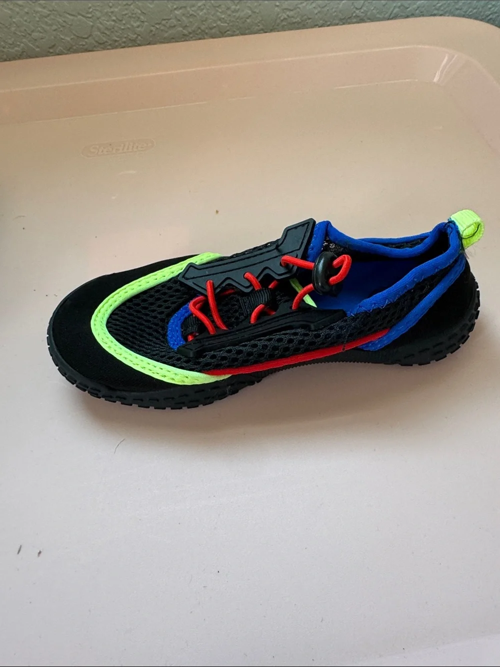 wonder nation Black Water Shoes with Neon Green, Royal Blue & Red Details